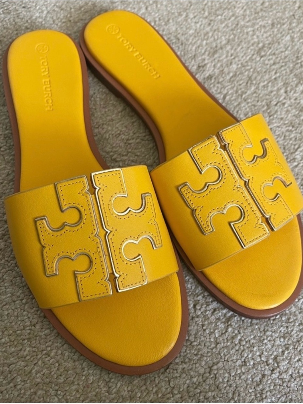 Tory Burch Yellow Logo Leather Slide Sandals